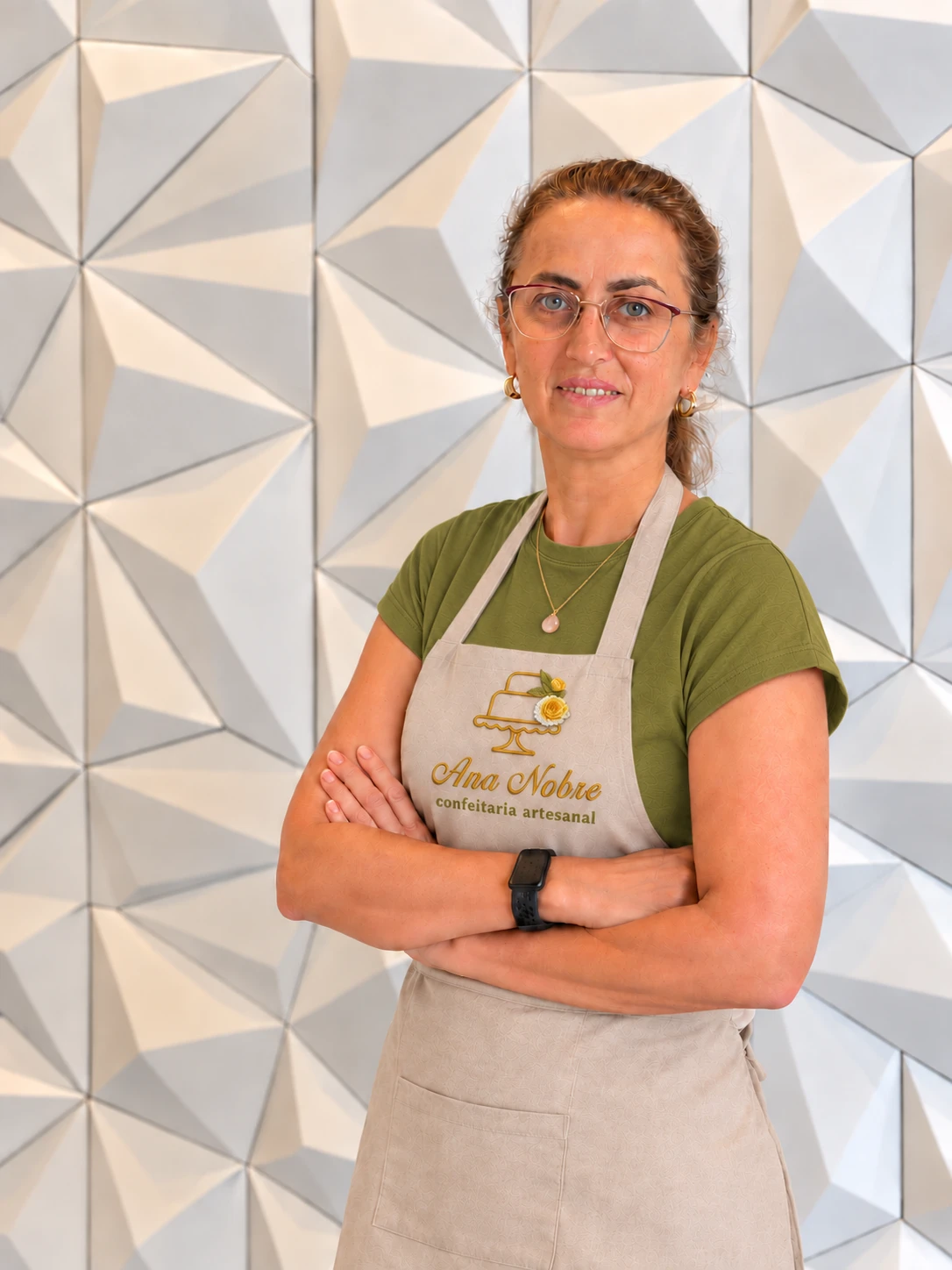 Ana com avental bordado da sua confeitaria