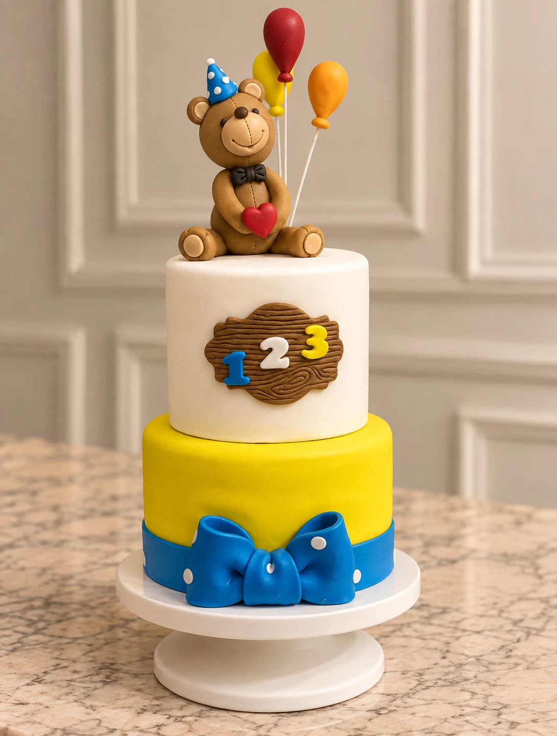 Bolo infantil com urso, balões e números coloridos