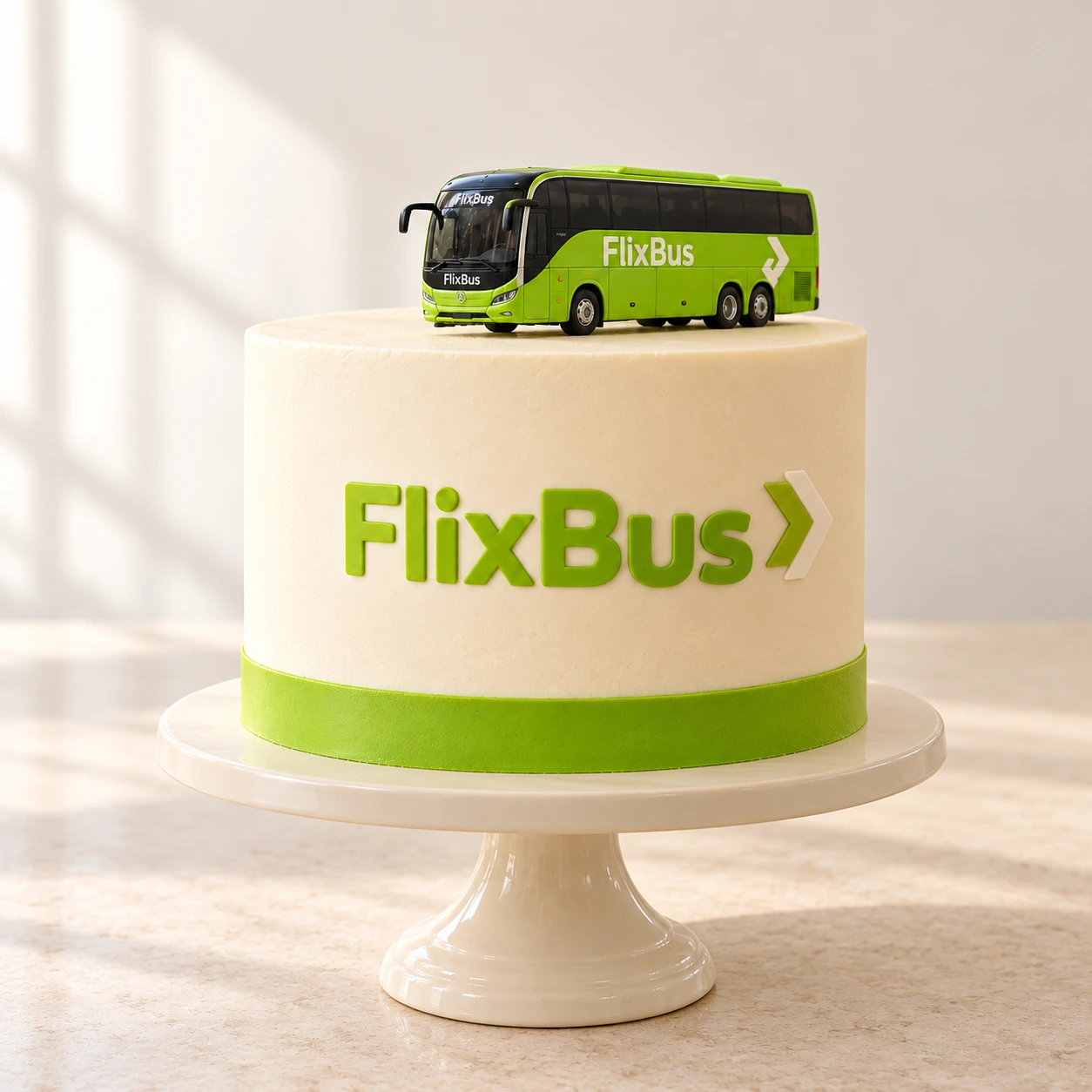 Bolo corporativo FlixBus com autocarro verde no topo