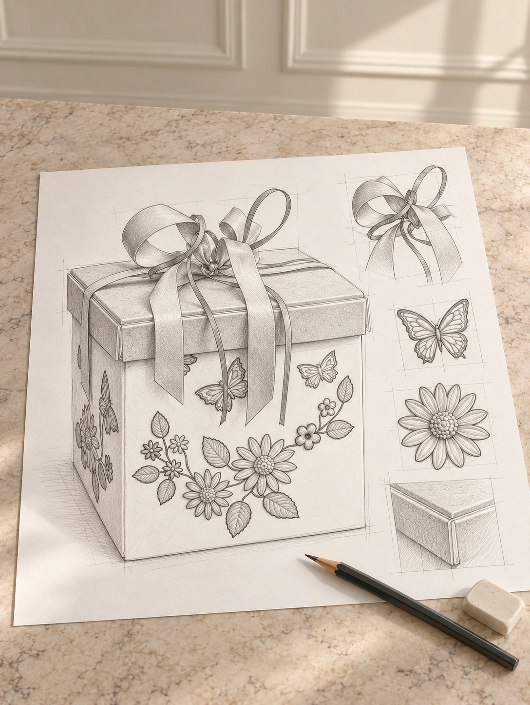 Esboço de design personalizado com laço, flores e borboletas