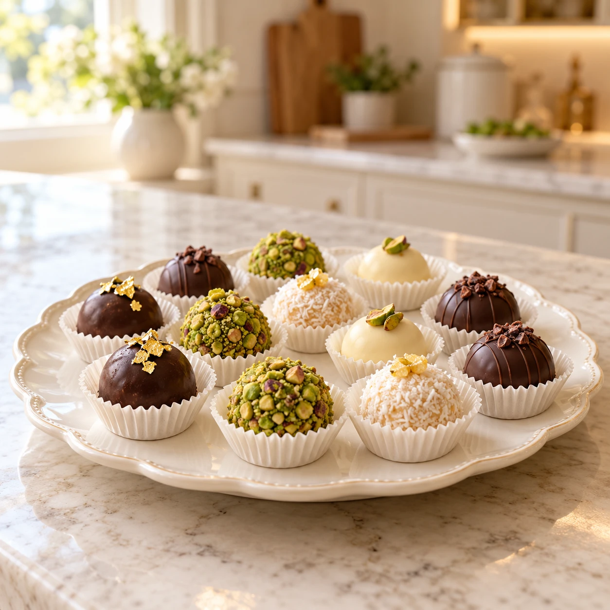 Seleção de docinhos finos de chocolate, coco e pistácio