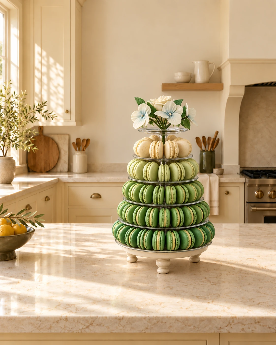 Torre de macarons em tons de verde e creme