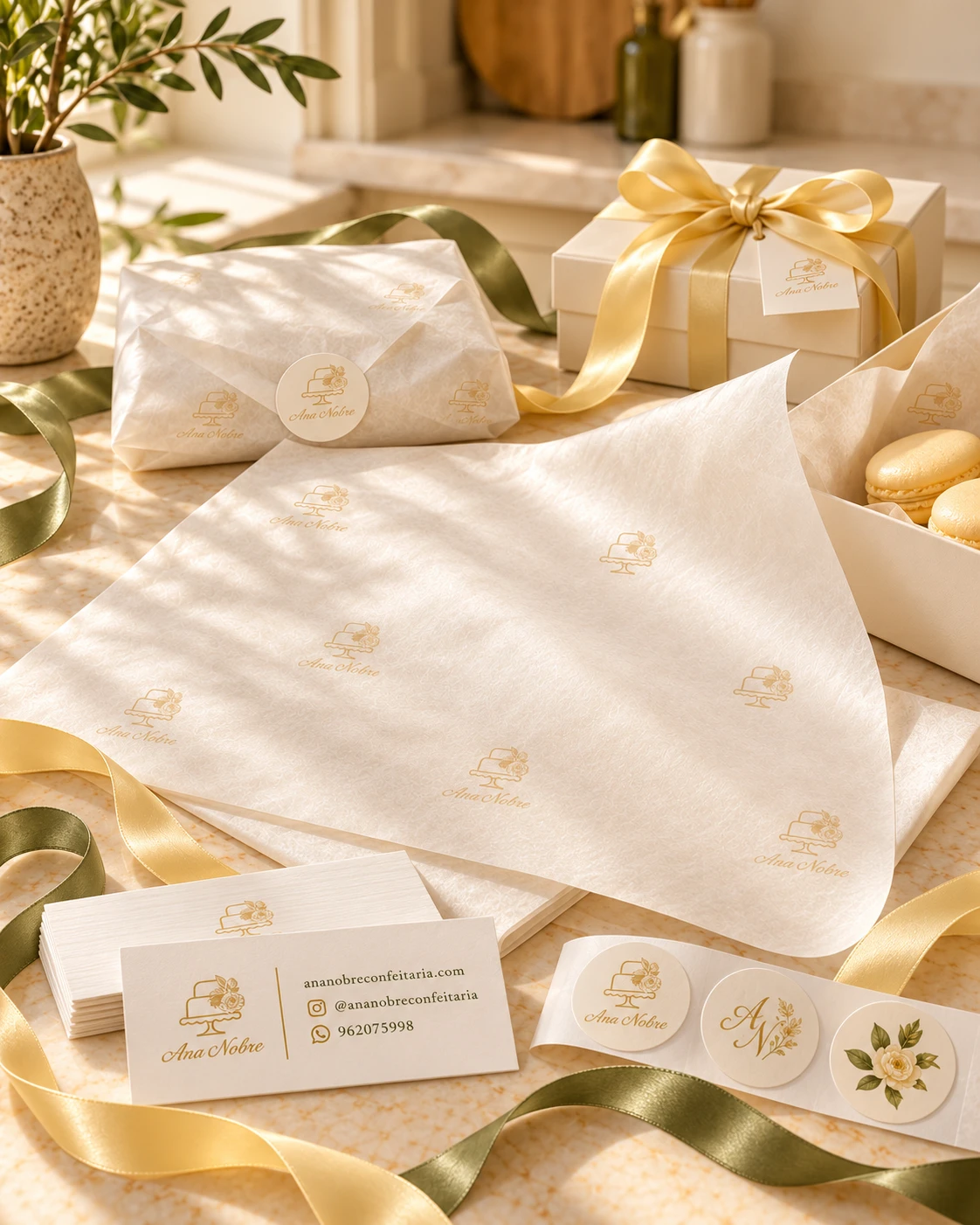 Papel delicado, cartões, selos e fitas da marca